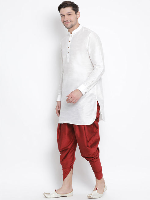 Vastramay Vastramay Men's White Silk Blend Curved Kurta Dhoti Set